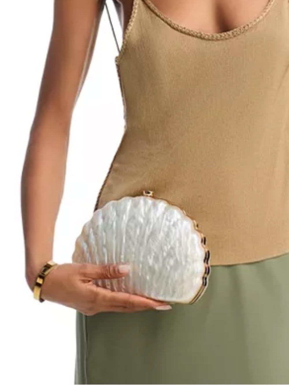 NWOT Aqua Pearl Shell Mini Bag in White and Gold